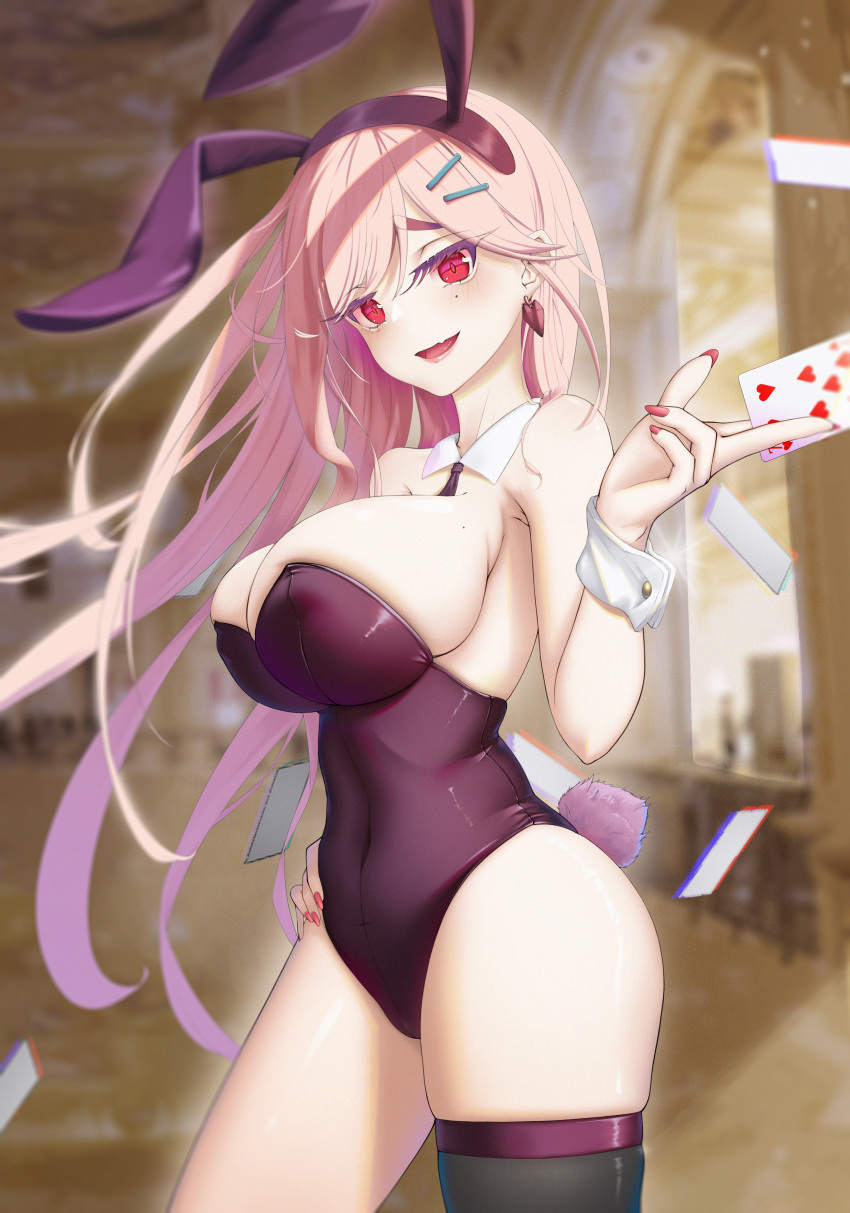 absurdres alternate_costume animal_ears bare_shoulders black_leotard black_thighhighs blurry blurry_background blush breasts card card_game covered_navel detached_collar earrings fake_animal_ears feet_out_of_frame female girls'_frontline hair_ornament hairpin hand_on_own_hip highres holding holding_card huge_breasts jewelry leotard long_hair looking_at_viewer mole mole_under_eye moyus nail_polish open_mouth parted_lips pink_hair pink_lips pink_nails playboy_bunny rabbit_ears rabbit_tail red_eyes sideboob sig_mcx_(girls'_frontline) single_thighhigh smile solo spade_(shape) spade_earrings standing tail thighhighs thighs white_wrist_cuffs wrist_cuffs