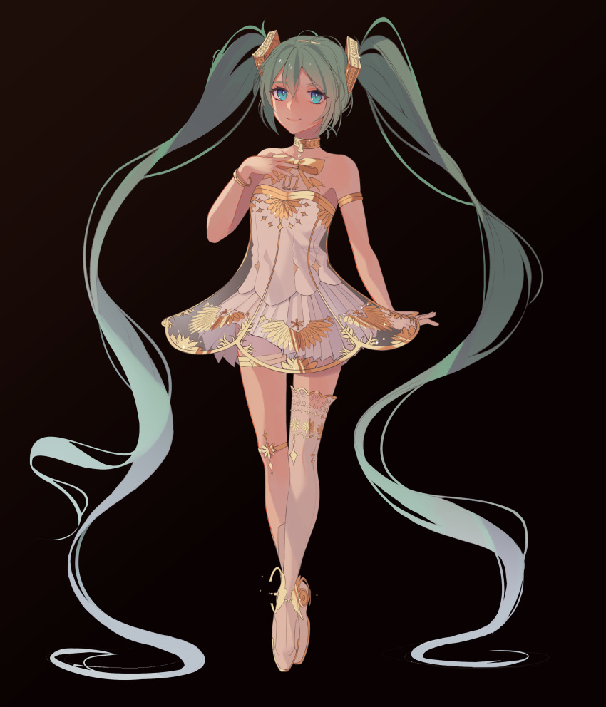 absurdly_long_hair absurdres aqua_eyes bad_id bad_pixiv_id black_background bracelet commentary dress en_pointe female full_body gramophone_miku green_hair hair_between_eyes hand_on_own_chest hatsune_miku highres jewelry long_hair miku_symphony_(vocaloid) pleated_skirt see-through see-through_dress single_thighhigh skirt solo strapless strapless_dress thighhighs twintails very_long_hair vocaloid white_thighhighs yagen_(user_mxur3238)