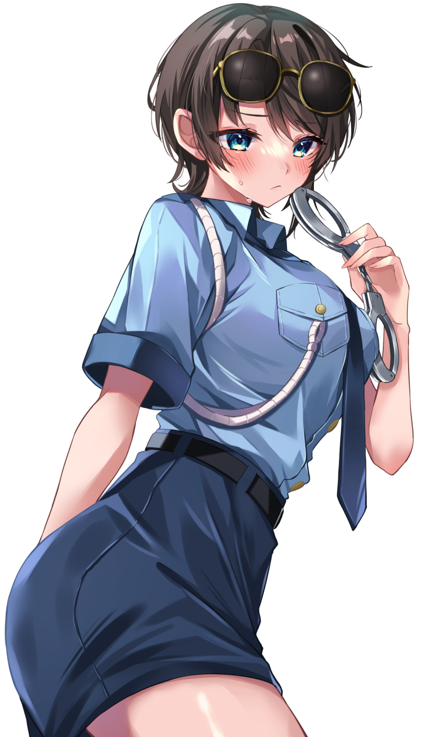 alternate_costume blue_eyes blue_shirt blush breasts brown_hair cuffs eyewear_on_head female full-face_blush handcuffs highres holding holding_handcuffs hololive large_breasts looking_at_viewer moonbell necktie oozora_subaru pencil_skirt police police_uniform policewoman shirt shirt_tucked_in short_hair simple_background skirt solo sunglasses sweatdrop swept_bangs uniform virtual_youtuber white_background yellow-framed_eyewear