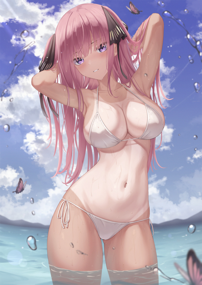 arms_behind_head arms_up ass_visible_through_thighs bikini black_bikini black_ribbon breasts bug butterfly butterfly_hair_ornament cloud collarbone commentary cowboy_shot crop_top day english_commentary female front-tie_top go-toubun_no_hanayome hair_ornament hair_ribbon halterneck highres large_breasts long_hair looking_at_viewer marinesnow nakano_nino navel one-piece_tan outdoors parted_lips pink_hair purple_eyes ribbon see-through short_sleeves side-tie_bikini_bottom smile solo standing stomach string_bikini sunlight swimsuit tan tanlines two_side_up wading water wet wet_clothes