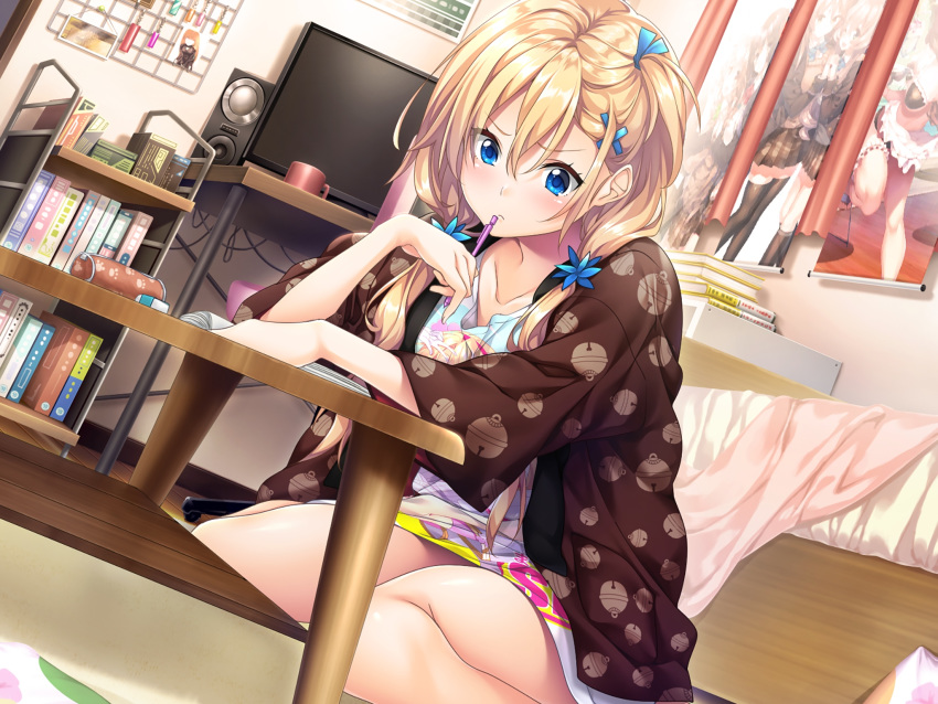 aikagi_2_(azarashi_soft) bed bedroom bell_print blonde_hair bookshelf dutch_angle female game_cg gintarou_(kurousagi108) hair_ornament hair_over_shoulder highres holding holding_pencil indoors long_hair long_sleeves monitor official_art one_side_up pencil reading sitting solo sumeragi_ayano table wariza x_hair_ornament