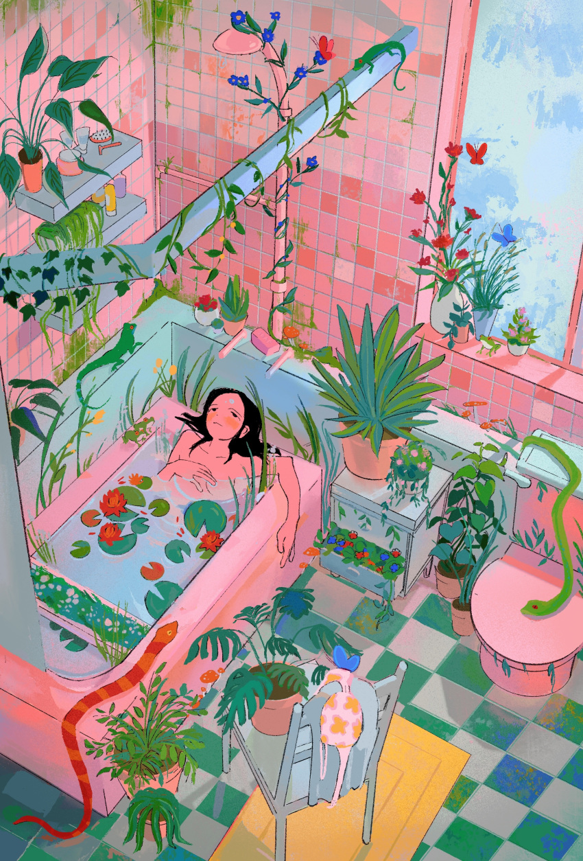 absurdres bathing bathroom bathtub bigskycastle black_hair blue_flower blush bra bra_removed chair female flower frog highres leaf lily_pad lizard long_hair looking_up mushroom nude original overgrown partially_submerged pink_flower plant potted_plant red_flower smile snake soap solo tile_floor tiles toilet underwear wide_shot window yellow_flower