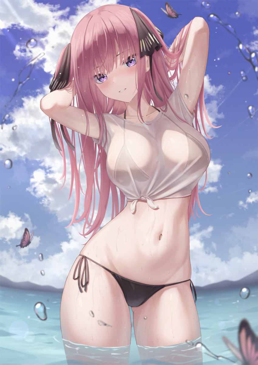 arms_behind_head arms_up ass_visible_through_thighs bikini bikini_under_clothes black_bikini black_ribbon breasts bug butterfly butterfly_hair_ornament cloud collarbone commentary cowboy_shot crop_top day english_commentary female front-tie_top go-toubun_no_hanayome hair_ornament hair_ribbon halterneck hand_in_own_hair hands_in_hair highres large_breasts long_hair looking_at_viewer marinesnow nakano_nino navel no_pants outdoors parted_lips pink_hair purple_eyes ribbon see-through shirt short_sleeves side-tie_bikini_bottom smile solo standing stomach string_bikini sunlight swimsuit tied_shirt two_side_up wading water wet wet_clothes wet_shirt white_shirt