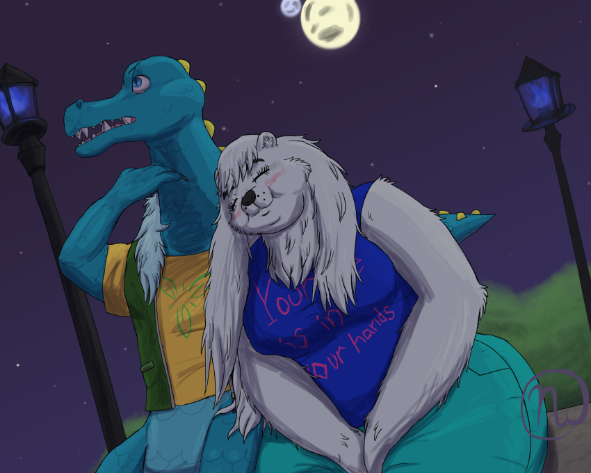 2018 2_moons 4_fingers 5:4 alligatorid anthro arm_tuft artist_logo ass azurlligator bear bench big_breasts big_butt black_nose blue_body blue_bottomwear blue_clothing blue_eyes blue_fire blue_pants blue_scales blue_shirt blue_tank_top blue_topwear blush bottomwear breasts clawed_fingers claws closed_eyes clothing colored_fire crocodilian duo eternal_forwardness fangs female fingers fire fur fur_trim_(clothing) green_clothing green_topwear green_vest hair hands_between_legs hi_res leaning_on_another logo long_hair looking_up male male/female mammal moon nathile_tiduna neck_tuft night on_bench open_mouth orange_clothing orange_shirt orange_topwear pants plant polar_bear pupils reptile scales scalie scratching scratching_neck scutes shirt shrub sitting sitting_on_bench sky skywater slightly_chubby slightly_chubby_female slit_pupils smile star starry_sky street_lamp sundra_bearrison tail tank_top teeth text text_on_clothing thick_thighs topwear tuft ursine vest white_body white_fur white_hair wide_hips yellow_scutes