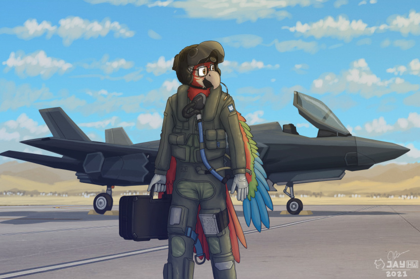 2021 5_fingers aircraft airfield airplane anthro ara_(genus) armor artist_logo avian beak bird blue_body blue_feathers blue_sky brown_eyebrows brown_eyes building cheek_tuft chest_tuft clothing cloud day desert detailed_background eyebrows eyewear f-35 facial_tuft feathers fingers flight_helmet flight_suit furgonomics glasses gloves green_body green_clothing green_feathers handwear headgear helmet hill holding_case jet logo looking_away macaw male mountain multicolored_beak neotropical_parrot outside parrot plantigrade red_body red_feathers sammfeatblueheart scarlet_macaw shaded signature sky solo tail tail_feathers true_parrot tuft two_tone_beak vehicle white_beak white_body white_clothing white_clouds white_feathers white_gloves white_handwear wing_tuft winged_arms wings