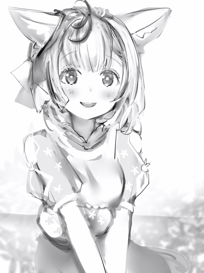 :d ahoge alternate_costume animal_ears antenna_hair bad_id bad_pixiv_id blush ears_down female flower-shaped_pupils fox_ears greyscale highres hololive looking_at_viewer medium_hair monochrome nanashi_(nlo) official_alternate_costume omaru_polka omaru_polka_(street_casual) open_mouth puffy_short_sleeves puffy_sleeves shirt short_sleeves simple_background skirt smile solo symbol-shaped_pupils upper_body virtual_youtuber white_background