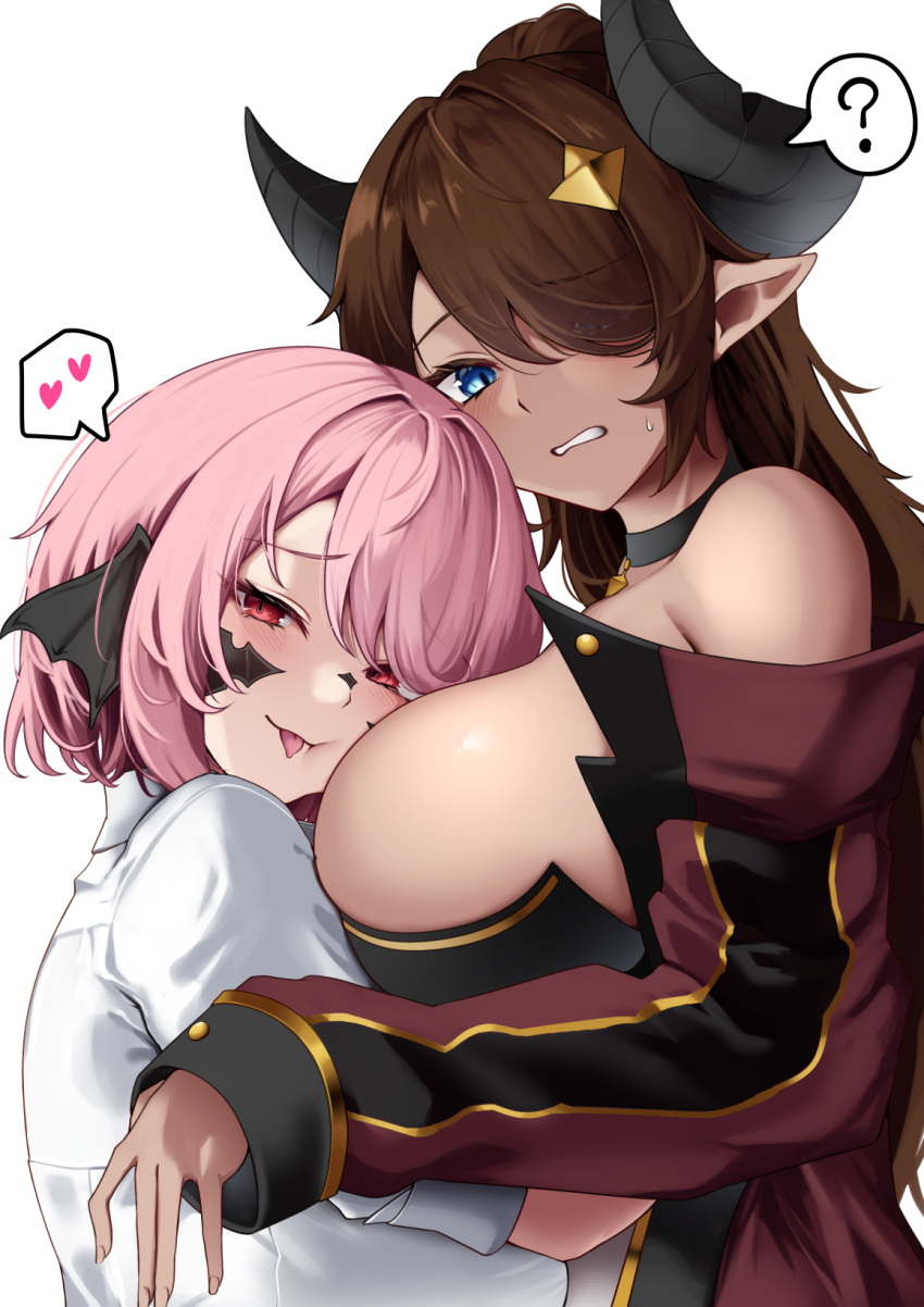 2girls :p ? black_horns blue_eyes breasts brown_hair commentary_request commission hair_over_one_eye heart highres horns hug long_hair long_sleeves looking_at_viewer masaki_nanaya multiple_girls original pink_hair red_eyes short_hair simple_background skeb_commission spoken_heart spoken_question_mark tongue tongue_out upper_body white_background