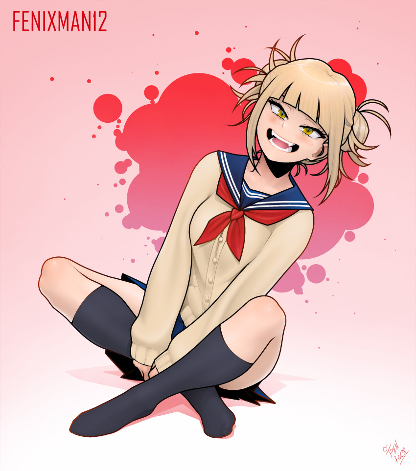 absurdres artist_name black_socks blonde_hair blood blood_splatter blue_sailor_collar blue_skirt blunt_bangs boku_no_hero_academia cardigan double_bun eyelashes fangs female fenixman12 hair_bun highres indian_style kneehighs leaning_to_the_side light_blush long_sleeves looking_at_viewer messy_hair miniskirt narrowed_eyes neckerchief on_ground open_mouth pink_background pleated_skirt red_neckerchief rocking sailor_collar school_uniform serafuku shaded_face sidelocks signature sitting skirt slit_pupils smile socks solo toga_himiko yellow_cardigan