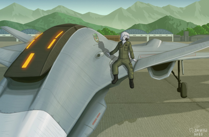 2021 5_fingers ace_combat aircraft airfield airplane anatid anseriform anserinae anthro artist_logo avian beak bird black_beak black_boots black_clothing black_eyebrows black_footwear blue_sky boots chest_tuft clothing day detailed_background digital_media_(artwork) eyebrows feathers fingers flight_suit footwear green_clothing hair half-closed_eyes hangar jet logo long_hair male mountain narrowed_eyes outside plant sammfeatblueheart shaded signature sitting_on_vehicle sky solo swan tempest_(hyacinth) tree tuft vehicle white_body white_feathers white_hair xfa-33_fenrir