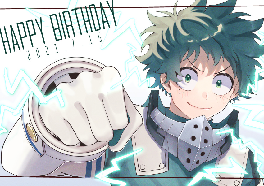 1boy absurdres blush bodysuit boku_no_hero_academia clenched_hand electricity foreshortening freckles gloves green_bodysuit green_eyes green_hair happy_birthday highres incoming_fist_bump looking_at_viewer male_focus mask midoriya_izuku rapiko smile solo unworn_mask v-shaped_eyebrows white_background white_gloves