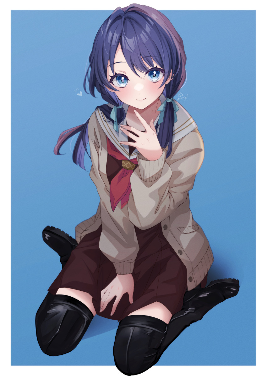 absurdres blue_background blue_eyes blue_hair blush boots border dark_blue_hair female hasu_no_sora_school_uniform heart highres jacket link!_like!_love_live! long_hair looking_at_viewer love_live! low_twintails mole mole_on_neck murano_sayaka pukonuu school_uniform signature sitting smile solo thigh_boots twintails virtual_youtuber wariza white_border winter_uniform