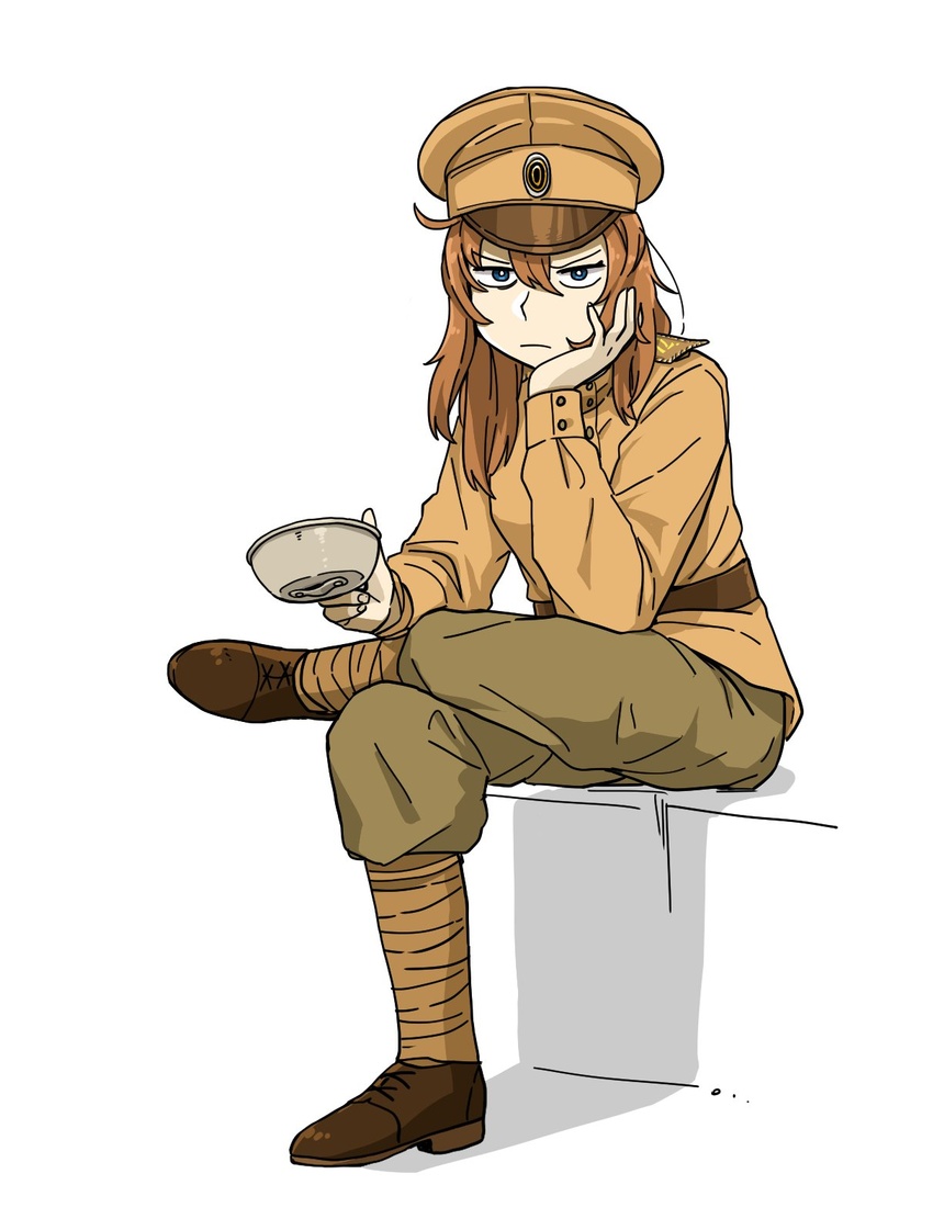 anyan_(jooho) blue_eyes brown_footwear brown_hair brown_hat brown_jacket brown_pants closed_mouth cup female frown full_body hat highres holding holding_cup jacket leg_wrap long_hair looking_at_viewer military military_uniform original pants russian_army russian_empire shoes simple_background sitting solo uniform white_background world_war_i