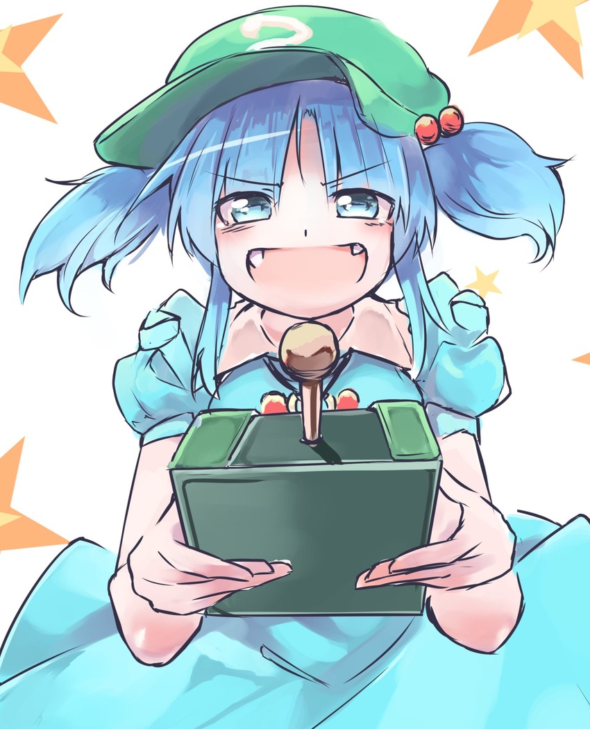 :d blue_eyes blue_hair blush cabbie_hat commentary_request controller evil_smile fangs female ginnkei hair_bobbles hair_ornament hat highres holding holding_remote_control kawashiro_nitori looking_at_viewer one-hour_drawing_challenge open_mouth remote_control simple_background smile solo touhou two_side_up v-shaped_eyebrows white_background