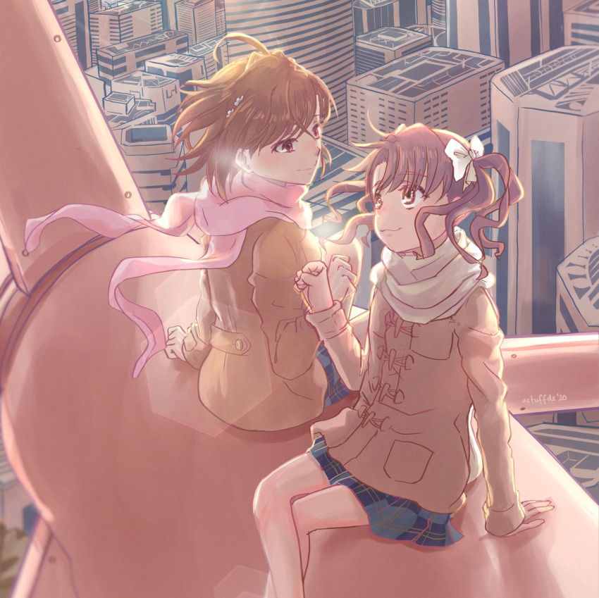 2girls academy_city astuffds bow brown_coat brown_eyes brown_hair coat commentary cropped duffel_coat feet_out_of_frame fist_bump hair_ornament hairbow highres landscape looking_at_another misaka_mikoto multiple_girls outdoors pink_scarf plaid plaid_skirt pleated_skirt scarf scenery school_uniform shirai_kuroko sitting skirt spoilers toaru_kagaku_no_railgun toaru_majutsu_no_index toaru_majutsu_no_index:_genesis_testament toaru_majutsu_no_index:_new_testament tokiwadai_school_uniform twintails white_bow white_scarf wind wind_turbine winter winter_clothes winter_coat winter_uniform