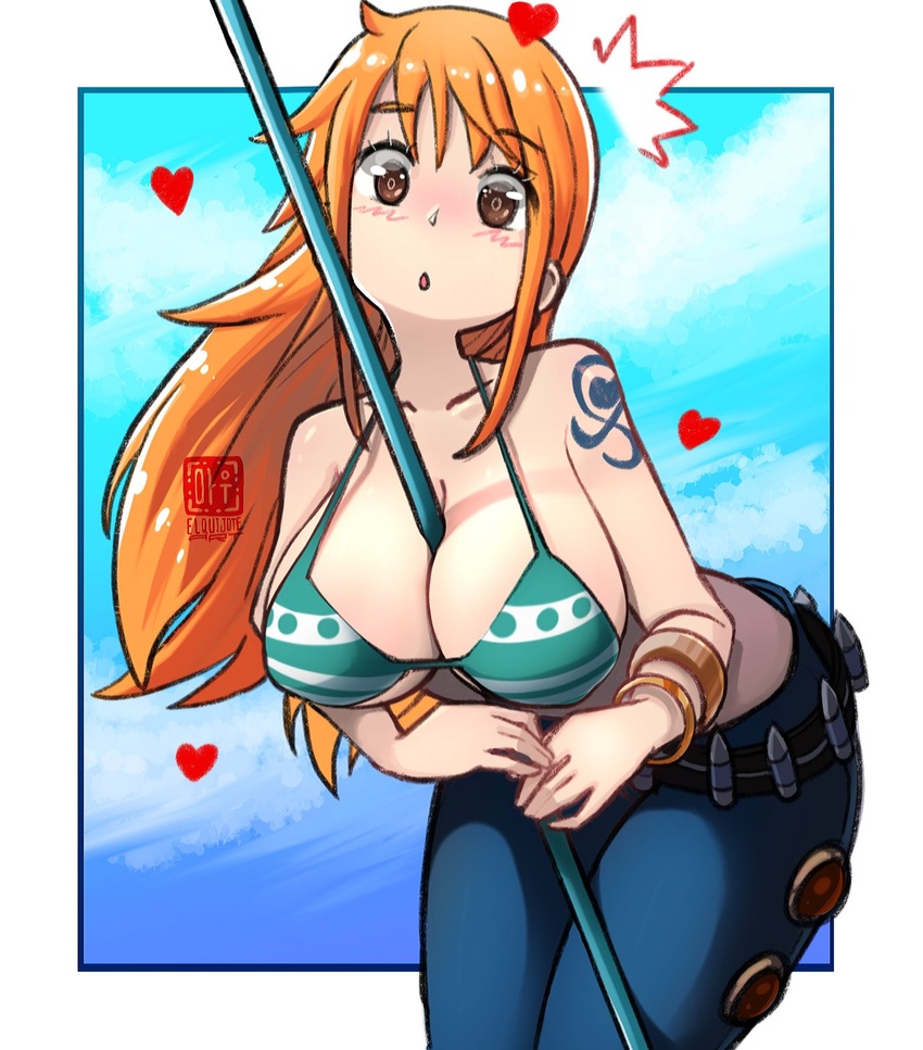 between_breasts bikini bikini_top_only blush bracelet breasts denim el_quijote female heart highres jeans jewelry large_breasts long_hair looking_at_viewer nami_(one_piece) one_piece orange_hair pants staff surprised swimsuit tattoo