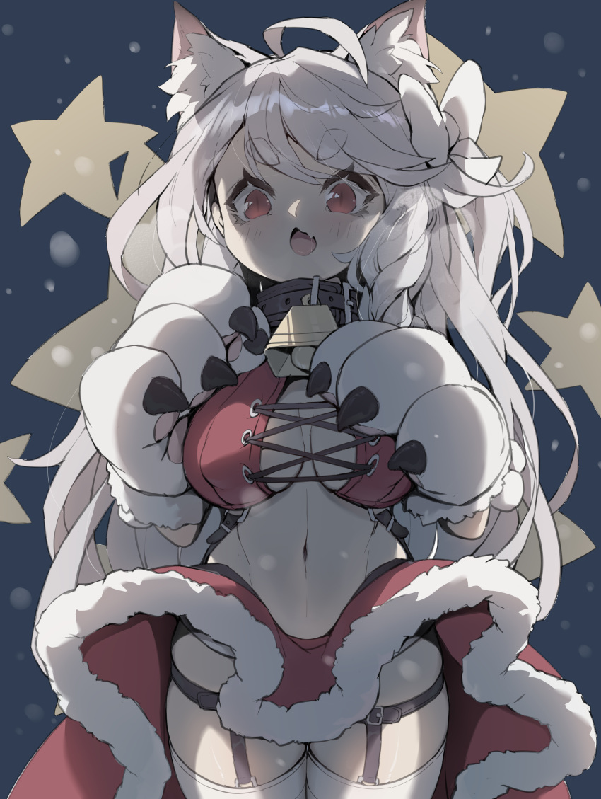 absurdres ahoge animal_collar animal_ear_fluff animal_ears animal_hands azur_lane bell bow breasts collar cowbell crop_top dog_ears dress female gloves hairbow highres hikimayu iyasu_shikaku legwear_garter long_hair medium_breasts midriff navel neck_bell oerba_yun_fang open_mouth paw_gloves red_eyes santa_dress skin_fang skirt skirt_flip slit_pupils solo star_(symbol) thighhighs very_long_hair white_hair white_thighhighs yuudachi_(azur_lane) yuudachi_(woofy_floofy_christmas_night)_(azur_lane)