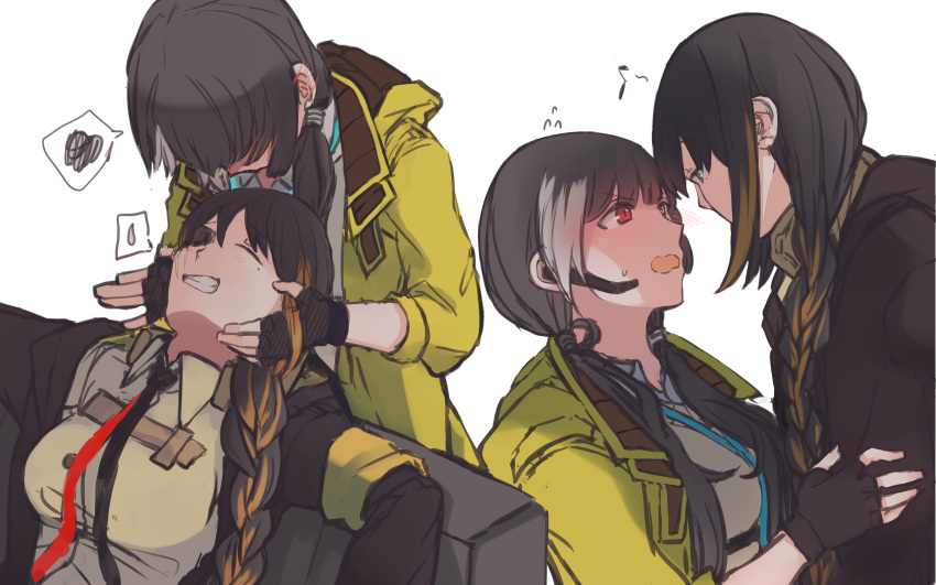 2girls absurdres armband black_gloves black_hair black_jacket blonde_hair blush closed_eyes commentary commission english_commentary eye_contact eyepatch fingerless_gloves girls'_frontline gloves heterochromia highres hinagi_(fox_priest) jacket long_braid long_hair looking_at_another m16a1_(girls'_frontline) mole mole_under_eye multicolored_hair multiple_girls open_mouth red_eyes ro635_(girls'_frontline) simple_background spoken_squiggle squiggle streaked_hair teeth two-tone_hair white_background white_hair yellow_eyes yellow_jacket