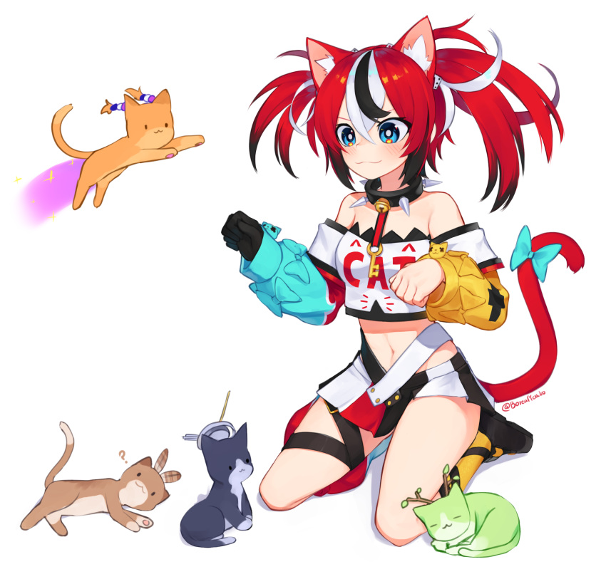 :3 ? alternate_animal_ears alternate_tail animal_ears animalization bell belt blue_eyes blush bow cat_ears cat_girl cat_tail ceres_fauna closed_mouth collar commentary cropped_shirt detached_sleeves english_commentary feline female gloves hair_between_eyes hakos_baelz hakos_baelz_(1st_costume) highres holocouncil hololive hololive_english jingle_bell kemonomimi_mode kneeling long_hair long_sleeves midriff miniskirt multicolored_clothes multicolored_hair multicolored_skirt nanashi_mumei navel off-shoulder_shirt off_shoulder ouro_kronii paw_pose pleated_skirt red_hair shirt simple_background single_glove skirt smile solo spiked_collar spikes streaked_hair tail tail_bow tail_ornament tsukumo_sana twintails twitter_username virtual_youtuber white_background yoako