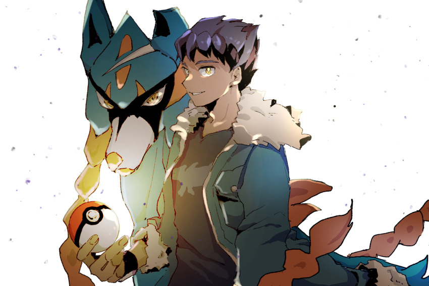 1boy anna_(anna962) bad_id bad_pixiv_id black_shirt blue_jacket commentary_request dark-skinned_male dark_skin fur-trimmed_jacket fur_trim hop_(pokemon) jacket male_focus open_clothes open_jacket parted_lips poke_ball poke_ball_(basic) pokemon pokemon_(creature) pokemon_swsh purple_hair shirt short_hair sleeves_past_elbows smile yellow_eyes zacian zacian_(hero)