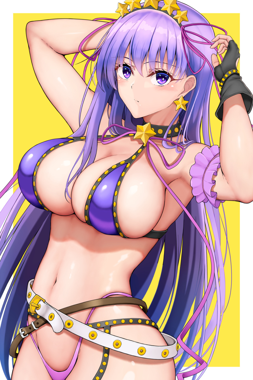 bare_shoulders bb_(fate) bb_(swimsuit_mooncancer)_(fate) belt bikini black_garter_belt black_gloves blush breasts cleavage commentary_request earrings fate/grand_order fate_(series) female fingerless_gloves garter_belt gloves hair_ornament hair_ribbon hairband hamaguri_(hamaguri1234) highres jewelry large_breasts long_hair looking_at_viewer navel neck_ribbon purple_bikini purple_eyes purple_hair ribbon solo star_(symbol) star_earrings star_hair_ornament studded_garter_belt swimsuit very_long_hair white_belt