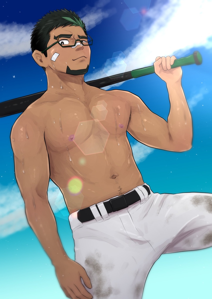 1boy abs alternate_pectoral_size bandaid bandaid_on_cheek bandaid_on_face bandaid_on_nose bara baseball_bat black-framed_eyewear black_hair blue_sky cloud cloudy_sky dark-skinned_male dark_skin dirty dirty_clothes dotsu_(wtnbkwiyd) facial_hair glasses goatee green_hair highres kyoichi_(live_a_hero) live_a_hero looking_at_viewer male_focus multicolored_hair navel navel_hair nipples outdoors pants pectorals short_hair sideburns sky solo stomach streaked_hair sun sweat toned toned_male topless_male white_pants