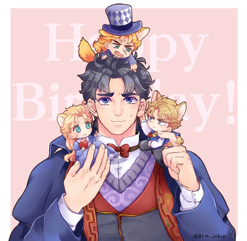 3boys animal_ears aristocratic_clothes blonde_hair blue_eyes blue_hair blush cat_boy cat_ears cat_girl cat_tail chibi commentary_request dio_brando erina_pendleton female grm_jogio happy_birthday hat highres holding jojo_no_kimyou_na_bouken jonathan_joestar long_hair long_sleeves looking_at_another multiple_boys nervous_smile open_mouth phantom_blood robert_e._o._speedwagon smile sweatdrop tail