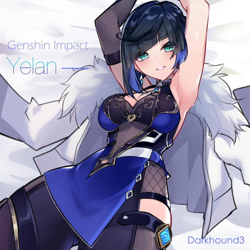 armpits artist_name bed_sheet black_hair blunt_bangs breasts character_name chinese_clothes cleavage commentary_request dark_hound_3 dice earrings female fishnet_fabric fur-trimmed_jacket fur_trim genshin_impact green_eyes highres jacket jacket_on_shoulders jewelry long_sleeves looking_at_viewer lying mole mole_on_breast on_back open_clothes open_jacket parted_bangs parted_lips pendant_choker short_hair sidelocks sleeveless solo vision_(genshin_impact) white_jacket yelan_(genshin_impact)