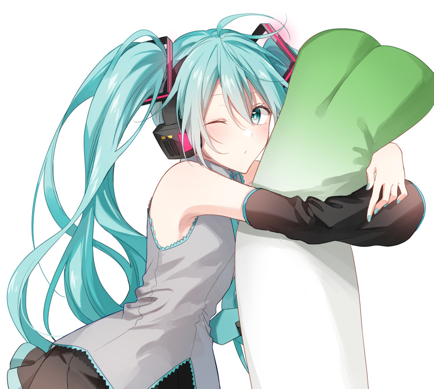 aqua_eyes aqua_hair aqua_nails aqua_necktie bare_shoulders black_skirt black_sleeves commentary detached_sleeves female grey_shirt hair_ornament hatsune_miku headphones highres hugging_object long_hair looking_at_viewer lying miniskirt nail_polish nanace_0 necktie on_side one_eye_closed pleated_skirt shirt skirt sleeveless sleeveless_shirt solo spring_onion stuffed_toy twintails upper_body very_long_hair vocaloid white_background