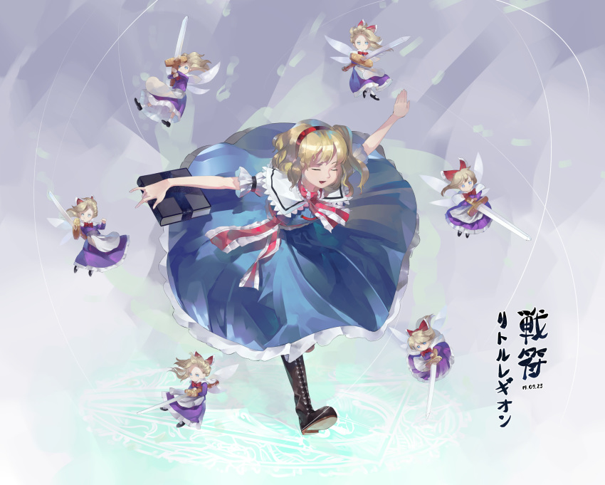 abstract_background alice_margatroid apron black_footwear blonde_hair blue_background blue_dress blue_eyes book boots bow bowtie capelet closed_eyes commentary cross-laced_footwear dress english_commentary female grimoire_of_alice hairband hairbow highres holding holding_book leaning_forward long_hair looking_at_viewer open_mouth outstretched_arms puffy_short_sleeves puffy_sleeves puppet_strings red_bow red_bowtie riki6 shanghai_doll short_hair short_sleeves solo spread_arms standing standing_on_one_leg sword touhou translation_request waist_apron weapon white_capelet white_sleeves