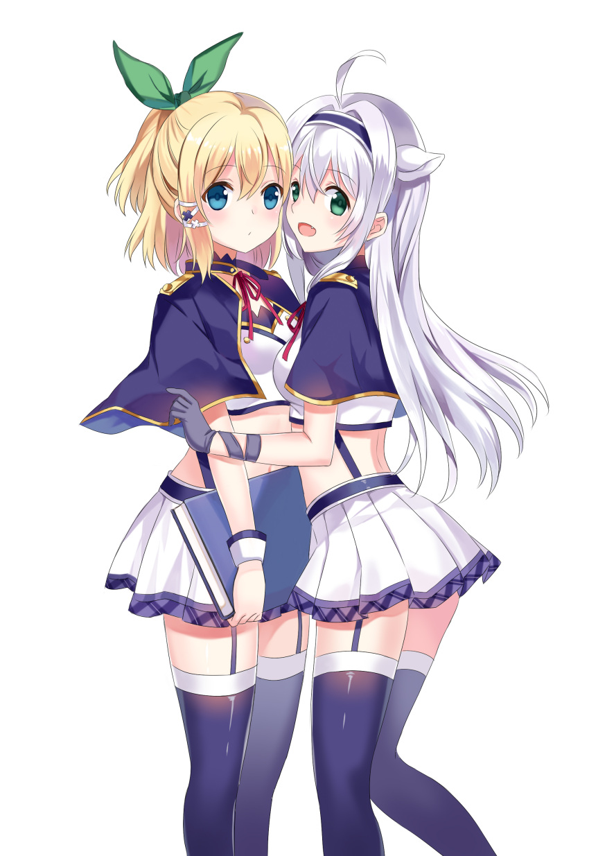 2girls :d absurdres ahoge alzano_school_uniform blonde_hair blue_capelet blue_eyes blue_hairband blue_thighhighs blush bow capelet chinese_commentary commentary crop_top detached_collar floating_hair garter_straps gloves green_bow green_eyes grey_gloves guaizi hair_intakes hairband hairbow highres long_hair midriff miniskirt multiple_girls navel neck_ribbon open_mouth pleated_skirt red_ribbon ribbon rokudenashi_majutsu_koushi_to_akashic_record rumia_tingel school_uniform shiny_clothes shiny_legwear simple_background sistine_fibel skirt smile standing stomach suspender_skirt suspenders thighhighs tied_hair very_long_hair white_background white_hair white_skirt zettai_ryouiki