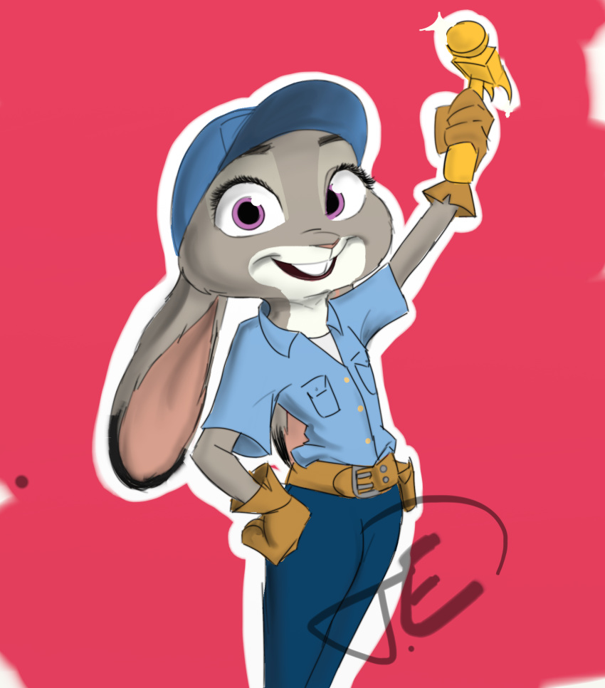 2016 anthro buckteeth clothing cosplay crossover crossover_cosplay disney fix-it_felix fur gloves grey_body grey_fur hammer handwear hat headgear headwear hi_res holding_object holding_tool judy_hopps lagomorph leporid mammal open_mouth open_smile purple_eyes rabbit red_background simple_background smile solo teeth tools trashasaurusrex zootopia