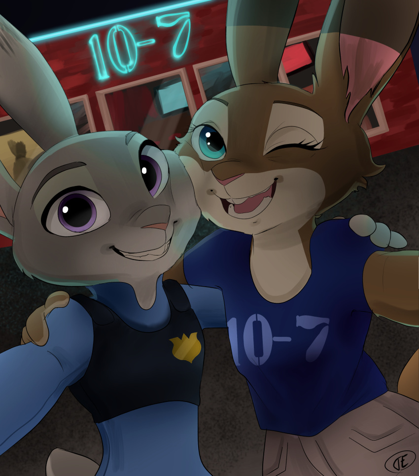 2018 absurd_res anthro blue_eyes brown_body brown_fur buckteeth building clothed clothing disney duo fan_character fully_clothed fur grey_body grey_fur grin hi_res judy_hopps lagomorph leporid mammal open_mouth open_smile outside pink_nose purple_eyes rabbit shirt smile t-shirt teeth topwear trashasaurusrex trisha_rose_(bluelighthouse) zootopia