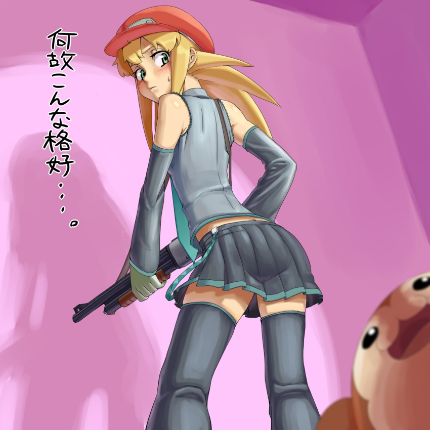 ass blonde_hair blush cabbie_hat closed_mouth commentary cosplay data_(mega_man) detached_sleeves female gloves green_eyes gun hat hatsune_miku hatsune_miku_(cosplay) highres long_hair looking_at_viewer mega_man_(series) mega_man_legends_(series) necktie open_mouth red_headwear rog_rockbe roll_caskett_(mega_man) shorts shotgun skirt thighhighs twintails vocaloid weapon