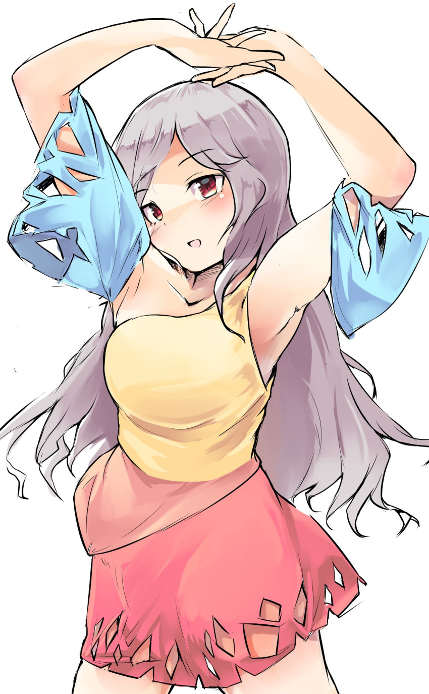 :d armpits arms_up blush breasts commentary_request diamond_cutout female ginnkei highres large_breasts long_hair looking_at_viewer one-hour_drawing_challenge open_mouth red_eyes sakata_nemuno shirt simple_background single_strap smile solo touhou white_background