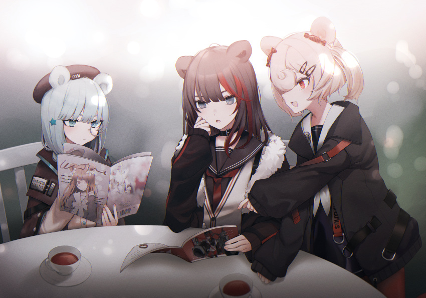 3girls animal_ears arknights bear_ears black_hair black_jacket blurry bokeh candy_hair_ornament cardigan chair choker commentary cup depth_of_field food-themed_hair_ornament green_eyes gummy_(arknights) hair_ornament highres holding istina_(arknights) jacket long_hair long_sleeves magazine_(object) migihidari_(puwako) multicolored_hair multiple_girls neckerchief open_clothes open_jacket open_mouth puffy_sleeves reading red_eyes sailor_collar school_uniform sitting star_(symbol) star_hair_ornament strap streaked_hair symbol-only_commentary table teacup white_hair zima_(arknights)