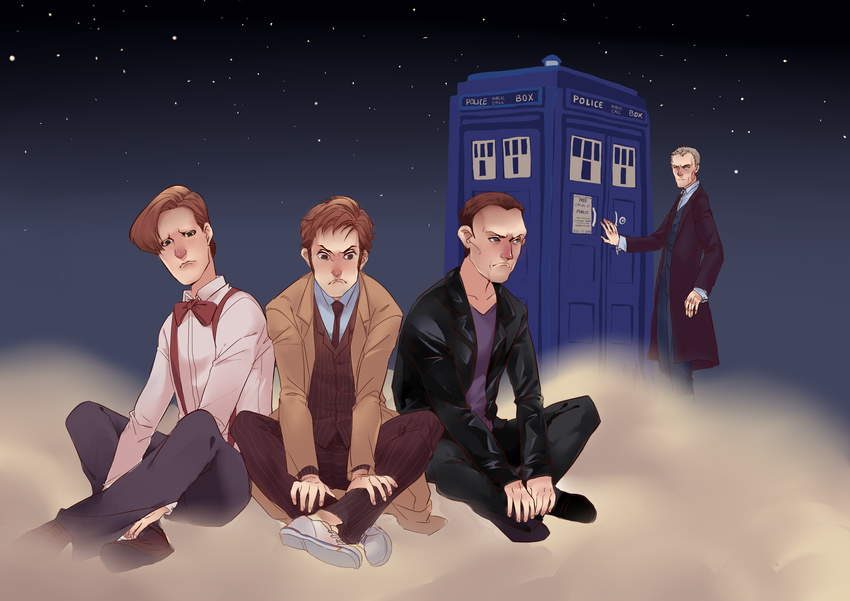 4boys absurdres bow bowtie brown_hair commentary_request doctor_who eleventh_doctor_(doctor_who) formal froc_coat highres jacket leather leather_jacket male_focus multiple_boys necktie ninth_doctor_(doctor_who) police_box raincoat rishangsangan short_hair suit suspenders tardis tenth_doctor_(doctor_who) the_doctor time_machine twelfth_doctor_(doctor_who)