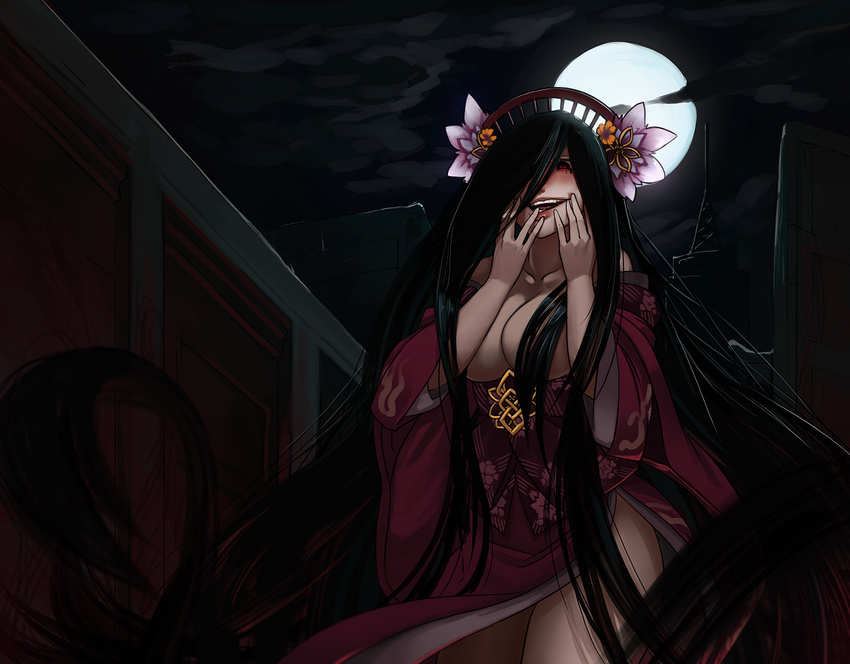 backlighting bare_shoulders black_eyes black_hair breasts cleavage crossed_legs female full_moon hair_censor hair_ornament hands_on_own_face japanese_clothes kanzashi kejourou_(monster_girl_encyclopedia) kimono large_breasts less lips long_hair monster_girl monster_girl_encyclopedia moon obi pale_skin red_eyes sash solo very_long_hair yandere yuujo