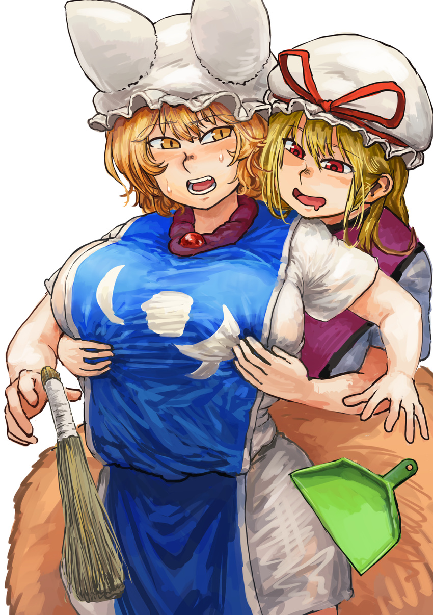 2girls absurdres animal_ears animal_hat bad_id bad_tumblr_id behind_another blonde_hair blush breasts chanta_(ayatakaoisii) commentary dress drooling fox_tail hair_between_eyes hat highres huge_breasts long_hair looking_at_another looking_at_breasts mob_cap multiple_girls multiple_tails nipple_rub nipple_stimulation nose_blush open_mouth simple_background slit_pupils sweatdrop tabard tail teeth touhou upper_body white_background white_dress white_hat wide_hips yakumo_ran yakumo_yukari yellow_eyes yuri