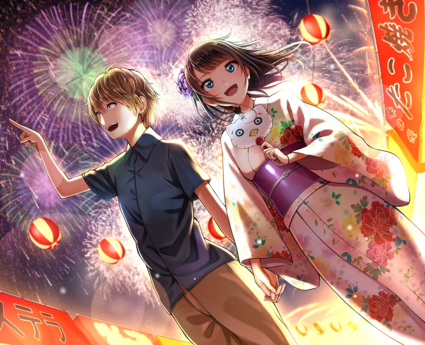 1boy :d alternate_hairstyle arm_up black_hair blue_eyes braid brown_hair commentary_request dutch_angle female festival fireworks from_below holding holding_hands interlocked_fingers japanese_clothes karasuma_ryuu kentaurosu kimono lantern lens_flare long_hair matsuno_chiya open_mouth original outdoors paper_lantern pointing shirt short_sleeves smile wide_sleeves yukata