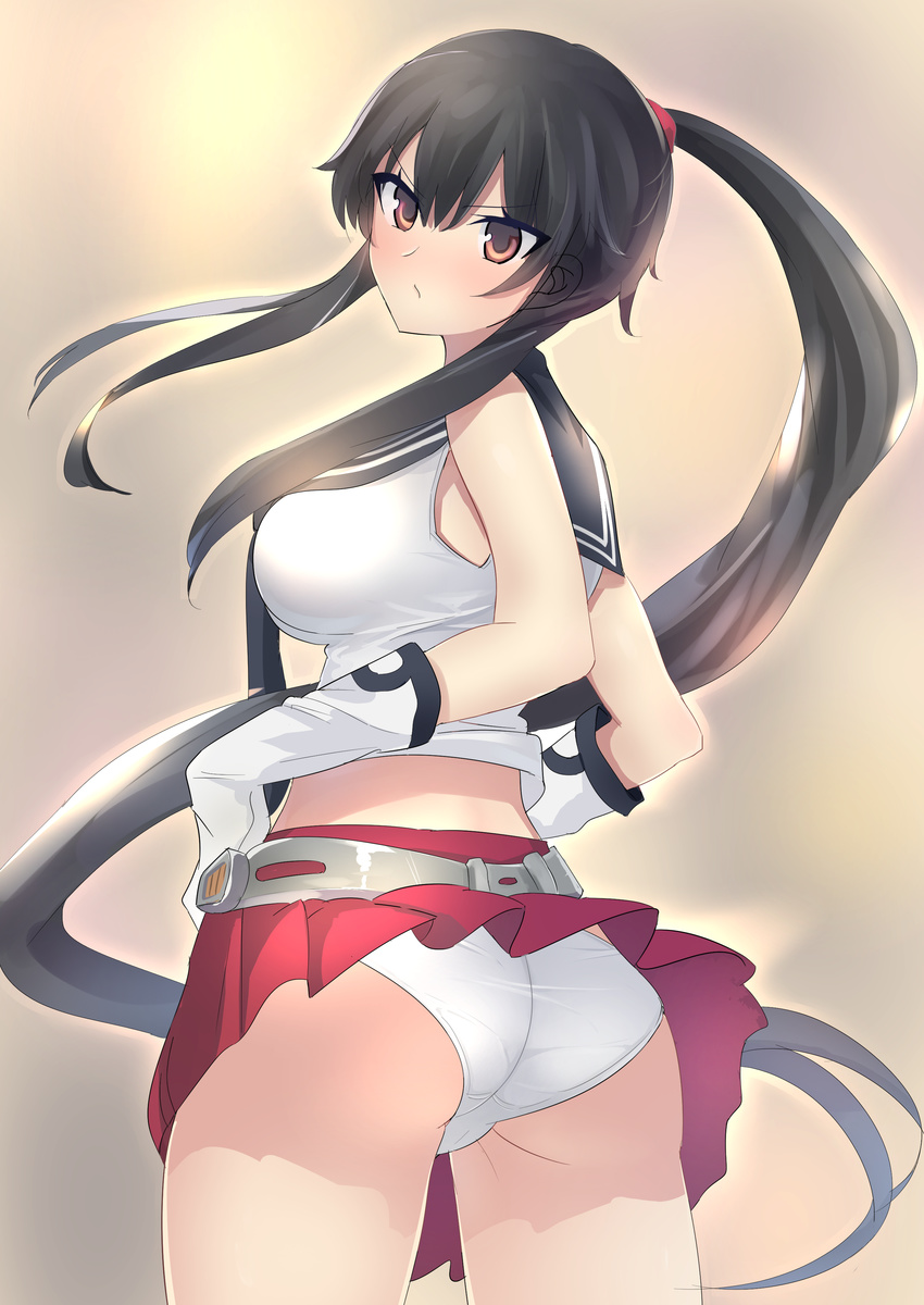 absurdres ass bad_id bad_pixiv_id black_hair blush drum_(acta2436) female gloves highres kantai_collection long_hair looking_at_viewer midriff miniskirt panties pantyshot ponytail red_eyes red_skirt school_uniform serafuku skirt solo underwear very_long_hair white_panties yahagi_(kancolle)