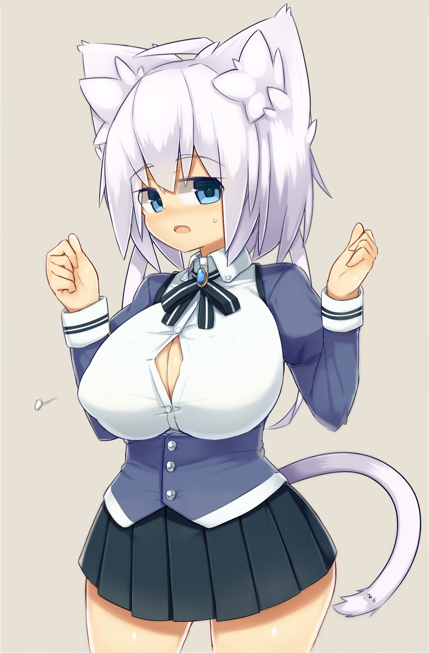 ahoge animal_ears blush breasts brooch bursting_breasts button_gap cat_ears cat_tail collared_shirt commentary_request covered_nipples d: felt_whitesnow female flying_button formal highres huge_breasts jewelry jitome looking_at_viewer open_mouth original pleated_skirt popped_button puffy_nipples sawati shirt short_hair_with_long_locks skirt solo sweatdrop tail thick_thighs thighs vest white_hair