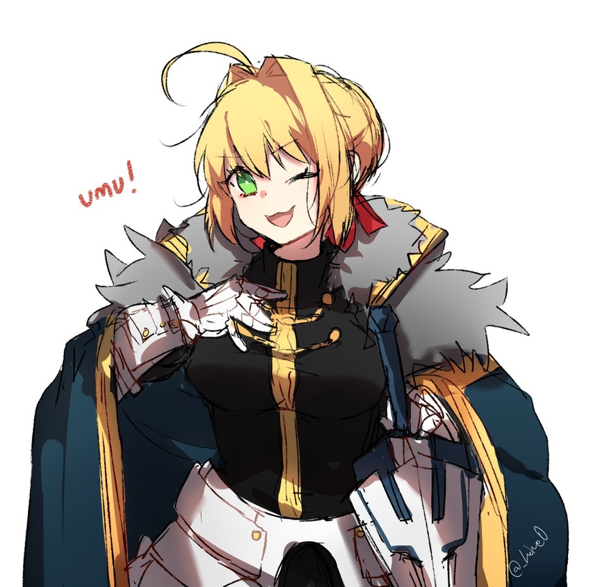 ahoge armor black_shirt blonde_hair blue_cape braid breasts cape commentary_request cosplay excalibur_galatine_(fate) fate/extra fate/grand_order fate_(series) faulds female french_braid fur-trimmed_cape fur_trim gauntlets gawain_(fate) green_eyes hair_bun hair_intakes hair_ribbon hand_on_own_chest highres himey large_breasts looking_at_viewer nero_claudius_(fate) nero_claudius_(fate/extra) one_eye_closed open_mouth red_ribbon ribbon shirt simple_background single_hair_bun smile solo sword umu_(phrase) weapon white_background