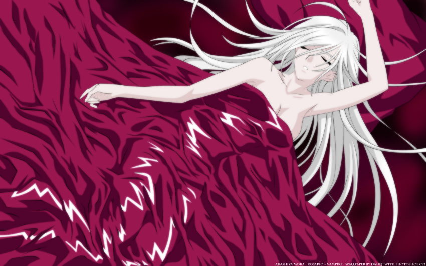 akashiya_moka bed_sheet blanket breasts character_name cleavage copyright_name female highres inner_moka large_breasts long_hair naked_sheet pillow rosario+vampire sleeping solo under_covers very_long_hair white_hair