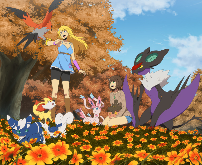 3girls armband blonde_hair blue_sky boots brown_footwear brown_hair cloud danzilla day feline fennekin flower forest gen_6_pokemon jewelry knee_boots looking_at_another looking_up meowstic multiple_girls nature necklace noivern pokemon pokemon_(creature) pumpkaboo ribbed_sweater short_hair sitting sky sweater sylveon talonflame tree wind