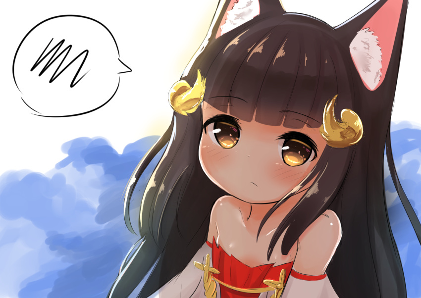 animal_ears azur_lane bare_shoulders blush brown_eyes brown_hair closed_mouth collarbone commentary_request curled_horns detached_sleeves dress female horns long_hair looking_at_viewer nagato_(azur_lane) neko_miyabi_(artist) red_dress solo spoken_squiggle squiggle strapless strapless_dress very_long_hair water white_background