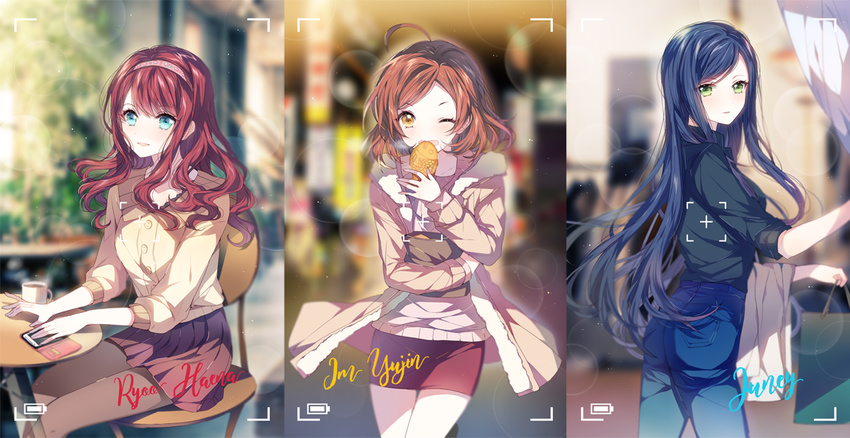 3girls bag blue_eyes brown_eyes brown_hair cellphone character_name commentary_request food green_eyes idolmaster idolmaster_cinderella_girls im_yujin juney multiple_girls nennen one_eye_closed open_mouth pantyhose phone red_hair ryoo_haena short_hair smartphone smile taiyaki wagashi