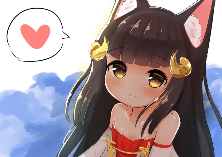 animal_ears azur_lane bare_shoulders blush brown_eyes brown_hair closed_mouth collarbone commentary_request curled_horns detached_sleeves dress female heart horns long_hair looking_at_viewer nagato_(azur_lane) neko_miyabi_(artist) red_dress smile solo spoken_heart strapless strapless_dress very_long_hair water white_background