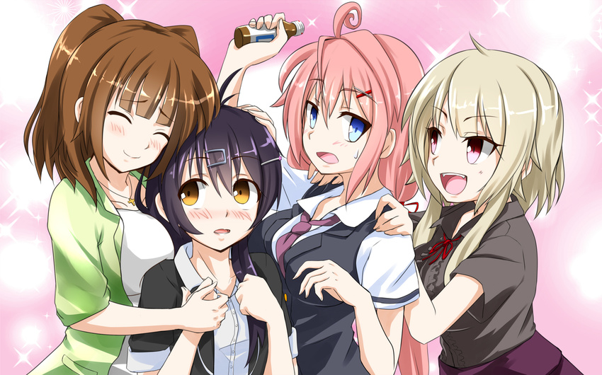 4girls ahoge black_hair blonde_hair blue_eyes blunt_bangs blush bow breasts brown_hair commentary_request cross douki-chan_(ikinokore!_shachiku-chan) energy_drink eyebrows hair_ornament hairpin head_on_head head_rest highres holding_hands ikinokore!_shachiku-chan jewelry large_breasts lipovitan long_hair multiple_girls necklace necktie open_mouth pink_hair red_bow red_eyes sakura_ouka senpai-san_(ikinokore!_shachiku-chan) shirt short_sleeves smile suzuki-shi sweatdrop takanashi_hiyori_(ikinokore!_shachiku-chan) twintails upper_body white_shirt yellow_eyes