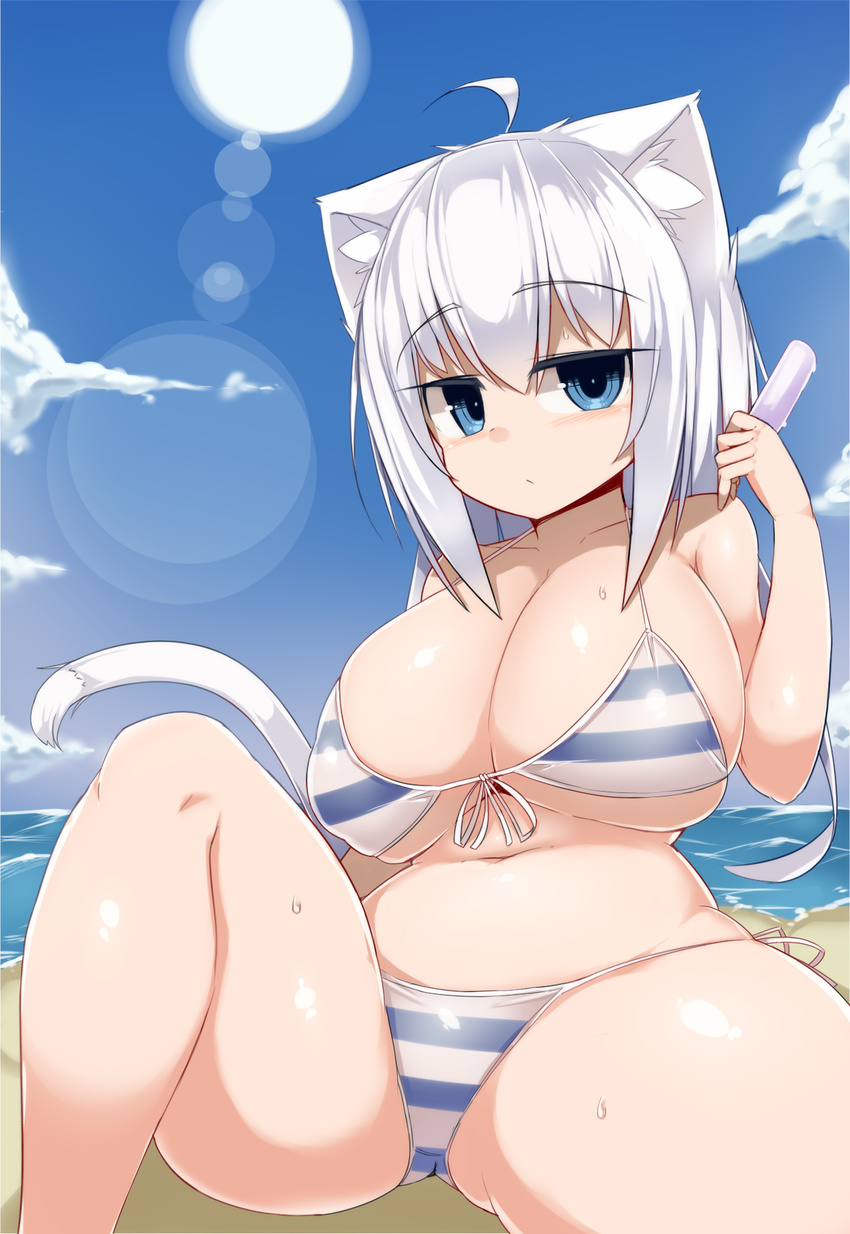 ahoge animal_ears beach belly bikini blue_eyes blush breasts cat_ears cat_tail collarbone commentary_request covered_nipples day felt_whitesnow female food highres huge_breasts jitome lens_flare looking_at_viewer navel original plump popsicle puffy_nipples sawati short_hair_with_long_locks skindentation solo spread_legs sun sweat swimsuit tail thick_thighs thighs white_hair