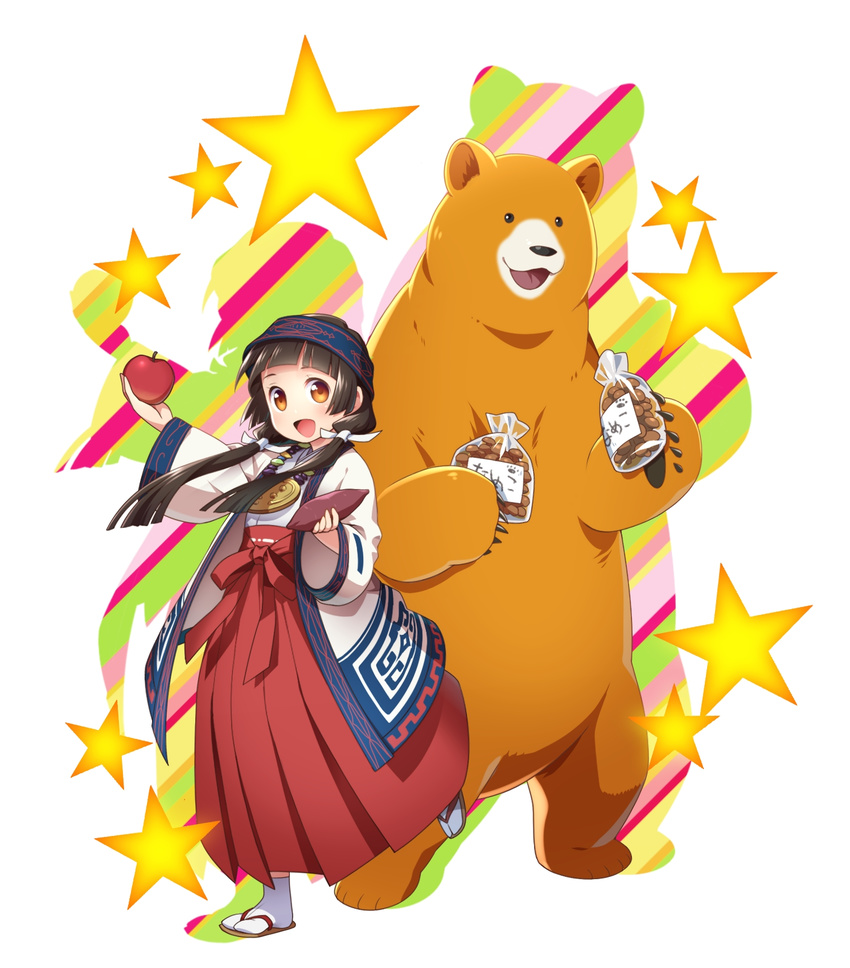 :d ainu_clothes amayadori_machi apple bear black_hair brown_eyes commentary_request female food fruit hakama hakama_skirt headband highres hitec japanese_clothes kumai_natsu kumamiko long_hair miko open_mouth red_hakama skirt smile sweet_potato tabi twintails